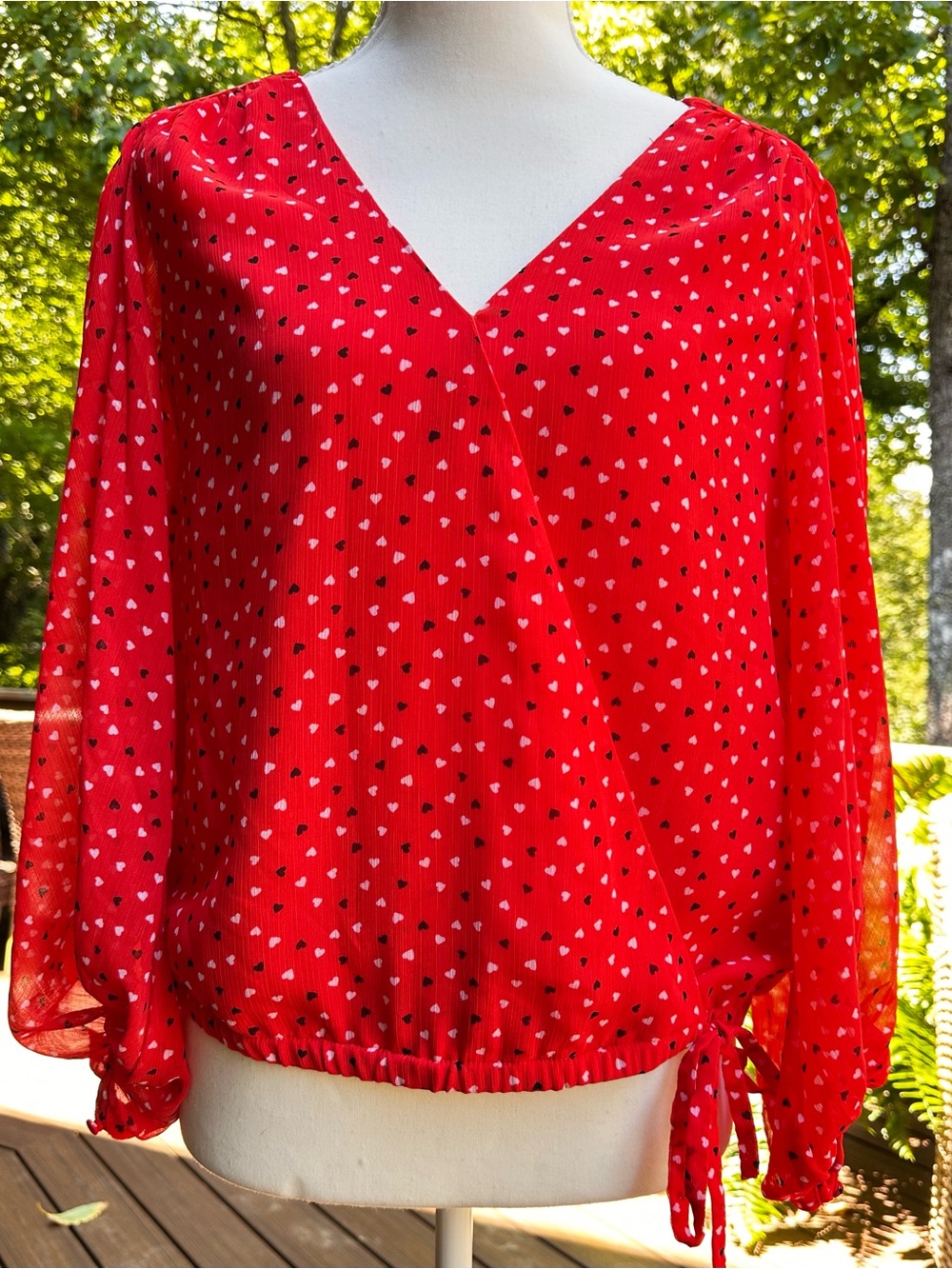 NWOT Banana Republic Womens S Orange Heart Print Wrap Blouse 3/4 Sleeve Tie Hem